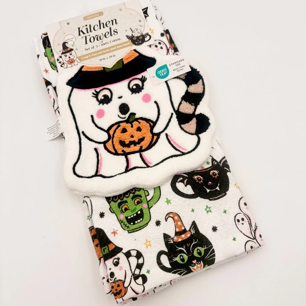En Vogue Halloween Kitchen Towels Set of 3 Ghost Cat Pumpkin Waffle Weave NEW